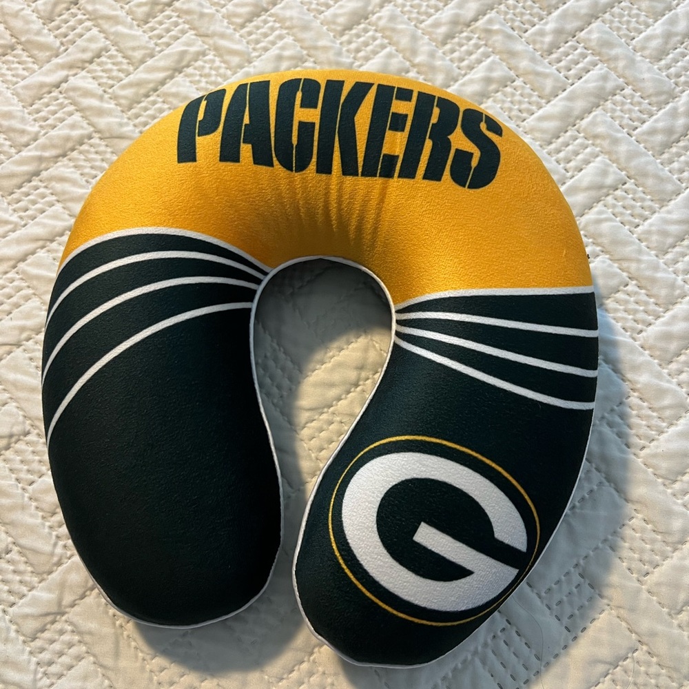 Green Bay Packers Travel Neck Comfort Pillow with washable velcro cover.